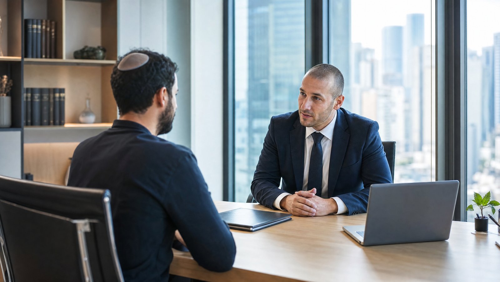 חדר ישיבות מואר במשרד עורכי דין, עורך דין ולקוח משוחחים ליד שולחן